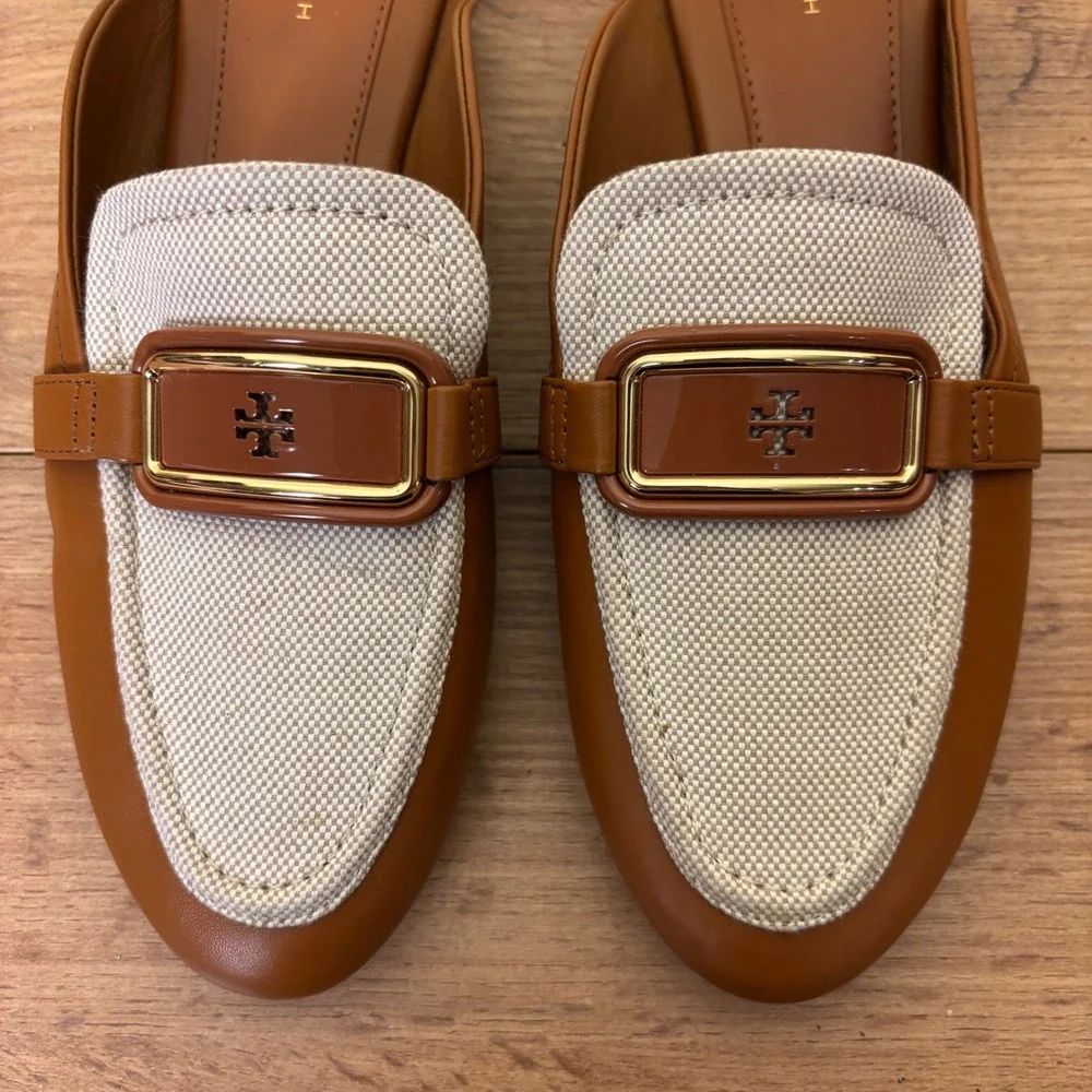 TORY BURCH Georgia Backless Loafer Mule Tan Ivory Women Size 8.5 Leather Woven